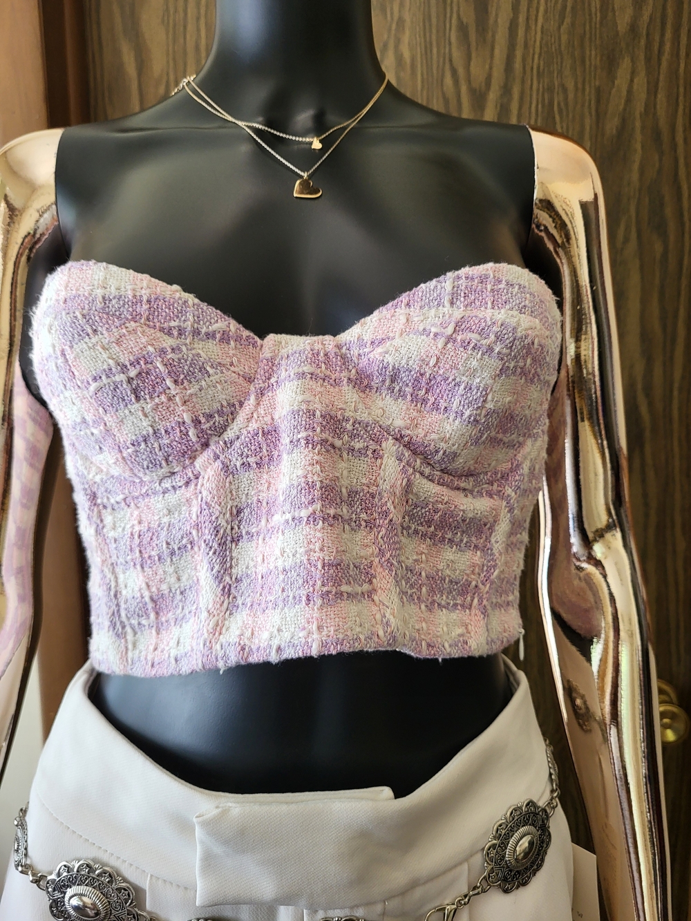 Zara| Lavender Plaid Strapless Bustier Crop Top | S